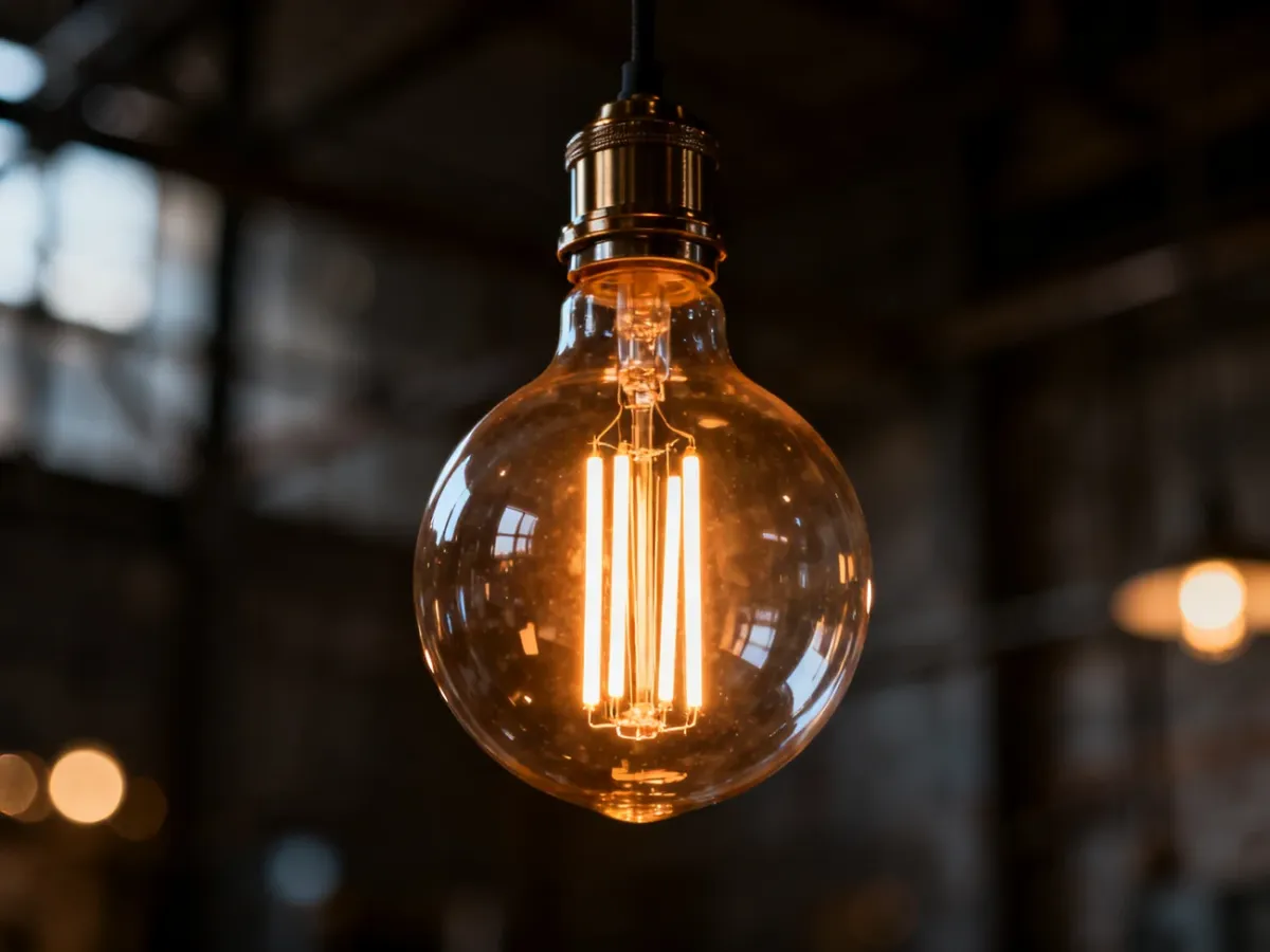 Świecąca żarówka LED filament z widocznymi paskami LED w industrialnym wnętrzu