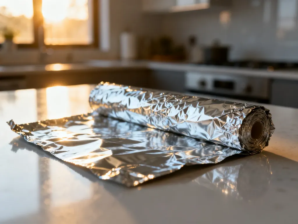 Pomięty arkusz folii aluminiowej na kuchennym blacie w promieniach porannego słońca.