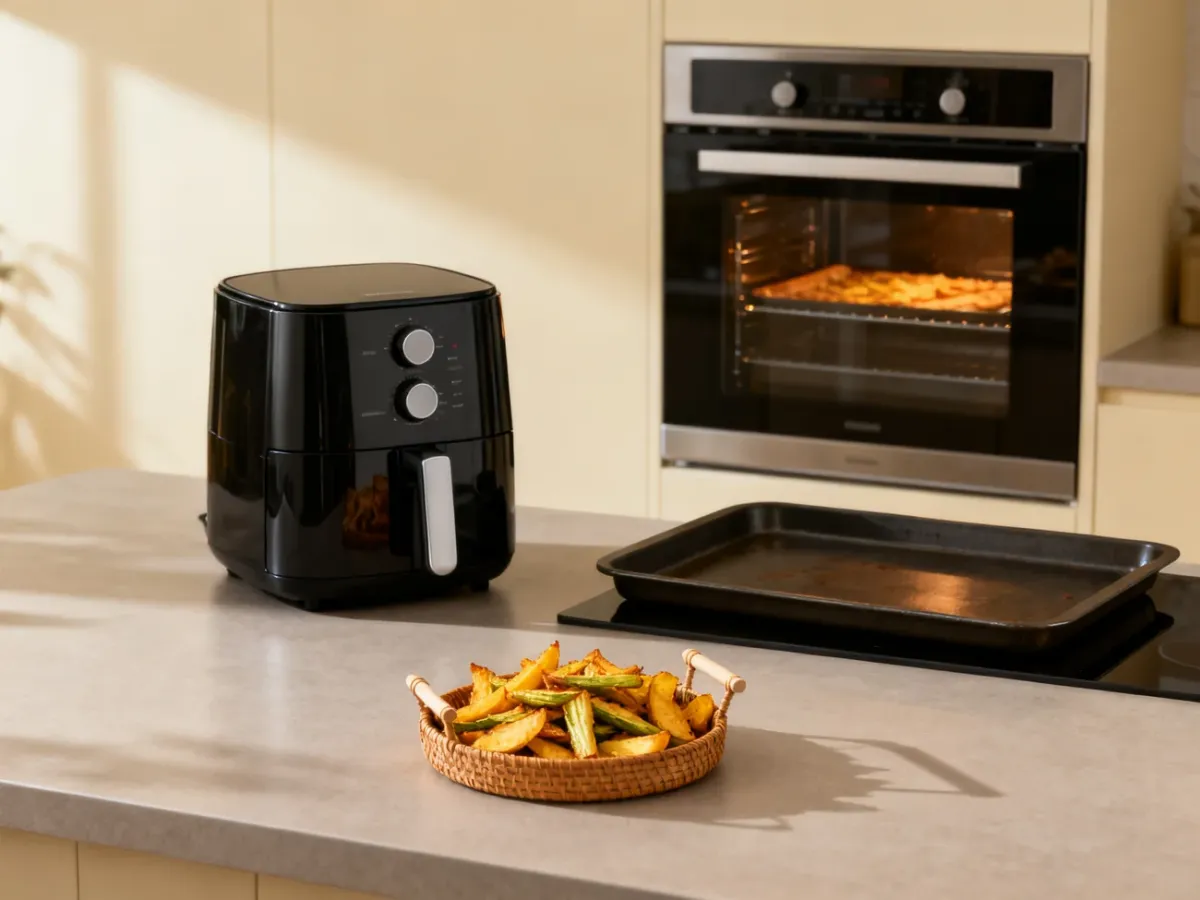 Air fryer i piekarnik ustawione obok siebie w nowoczesnej kuchni