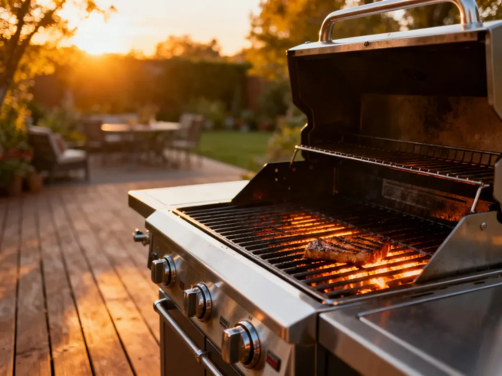 Nowoczesny grill gazowy ze stali nierdzewnej na tarasie o zachodzie słońca, z widocznymi śladami grillowania na ruszcie.
