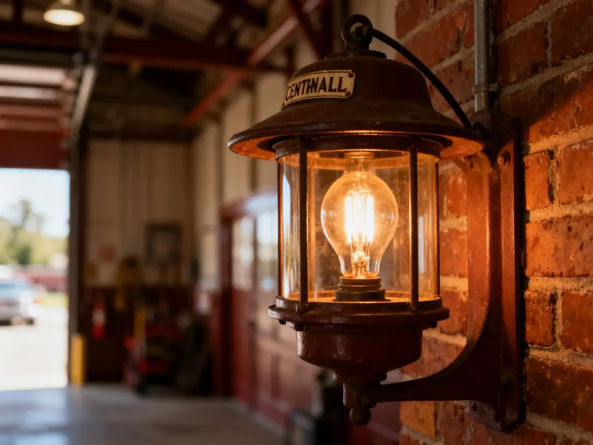 Zabytkowa żarówka Centennial Light delikatnie świecąca w remizie strażackiej