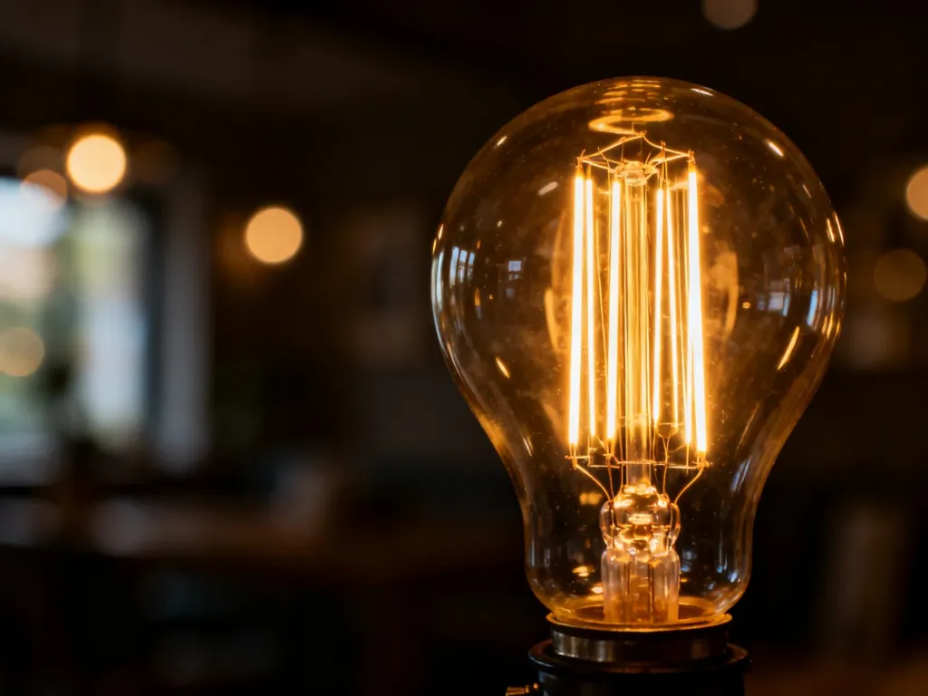 Zbliżenie na świecący żarnik żarówki LED typu vintage, emitujący ciepłe, złote światło w przytulnym wnętrzu.