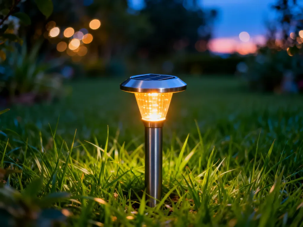 Nowoczesna lampa solarna świecąca ciepłym światłem w zielonej trawie o zmierzchu.
