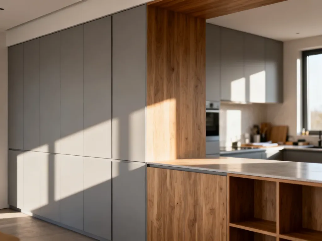 Nowoczesna kuchnia z zabudową sięgającą sufitu oraz otwartą przestrzenią, prezentująca minimalistyczny design i funkcjonalność.