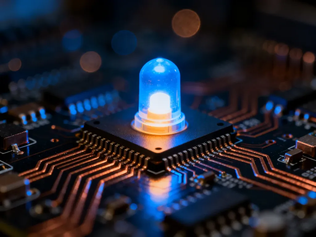 Zbliżenie na świecącą diodę LED na płytce drukowanej, ukazujące nowoczesną technologię oświetleniową.