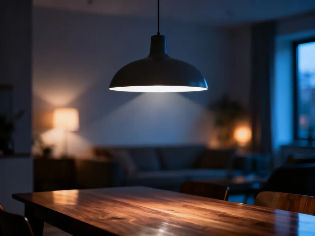 Nowoczesna lampa wisząca umieszczona bezpośrednio nad drewnianym stołem w minimalistycznej jadalni.