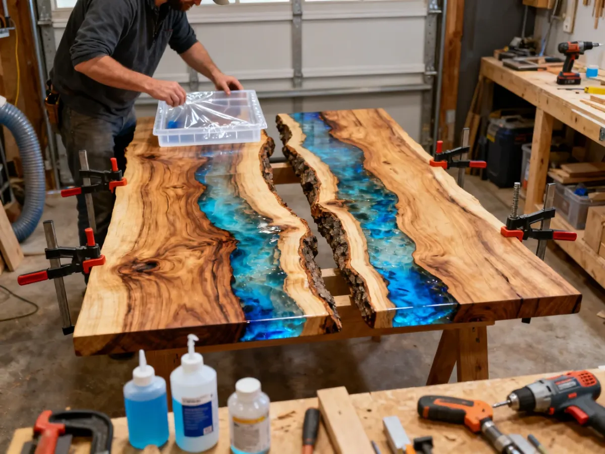 Warsztatowe przygotowanie do wykonania stołu rzecznego z drewna i żywicy epoksydowej