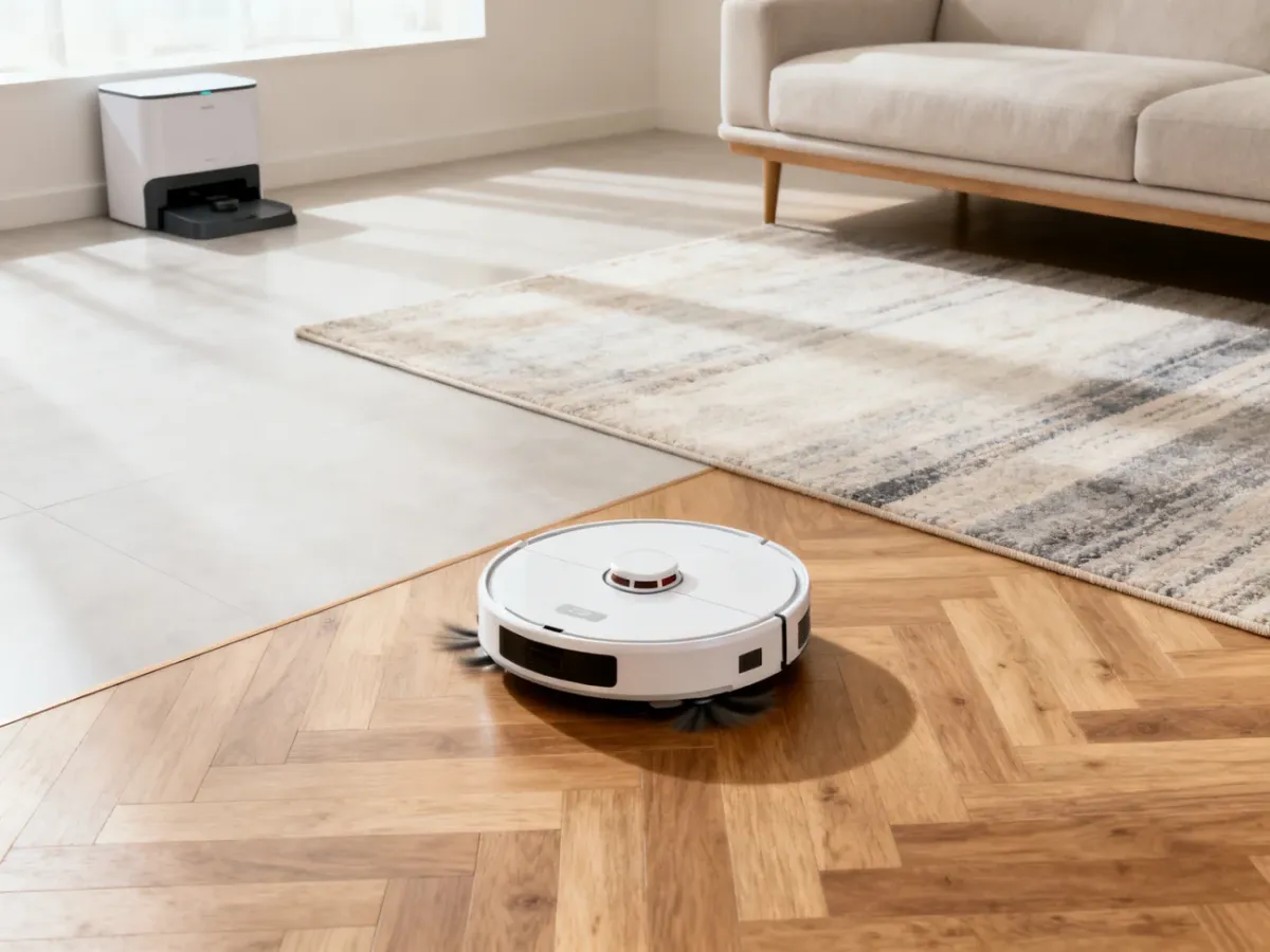 Robot sprzątający poruszający się po domu między twardą podłogą a dywanem