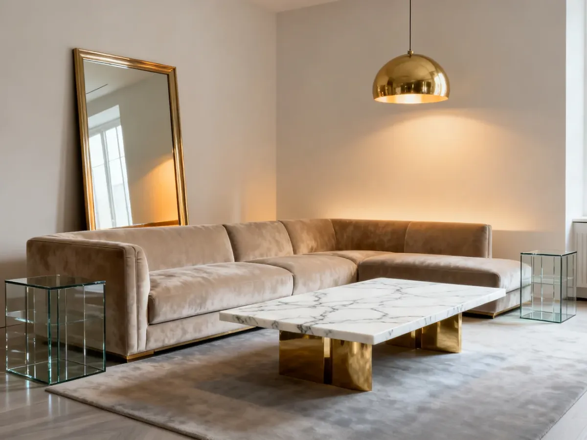 Elegancki salon glamour z welurową sofą, marmurowym stolikiem i ciepłym oświetleniem