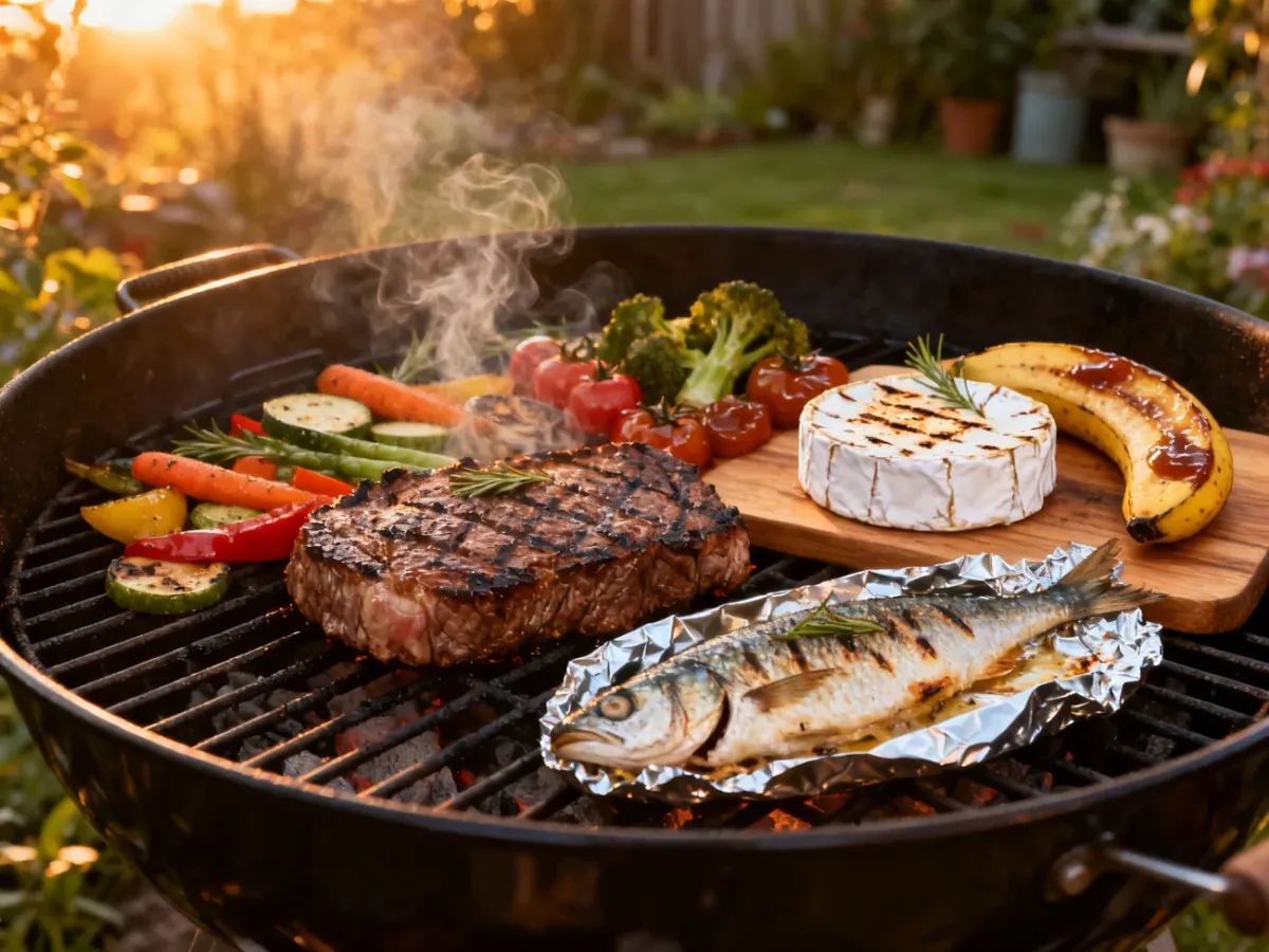 Urozmaicony grill z mięsem, warzywami, rybą, serem i grillowanym bananem