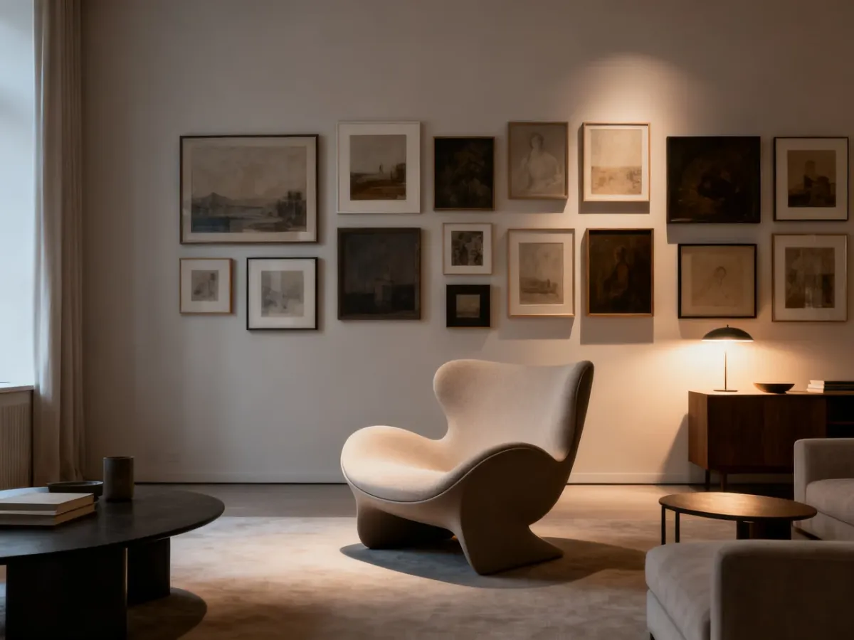 Salon z galerią obrazów i wyrazistym fotelem