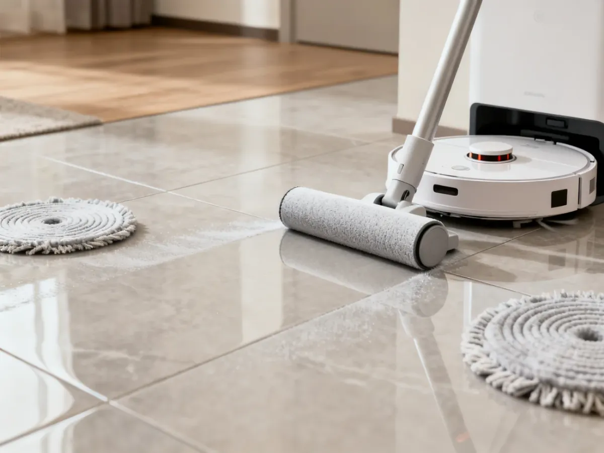 Robot sprzątający z wałkiem mopującym czyszczący twardą podłogę