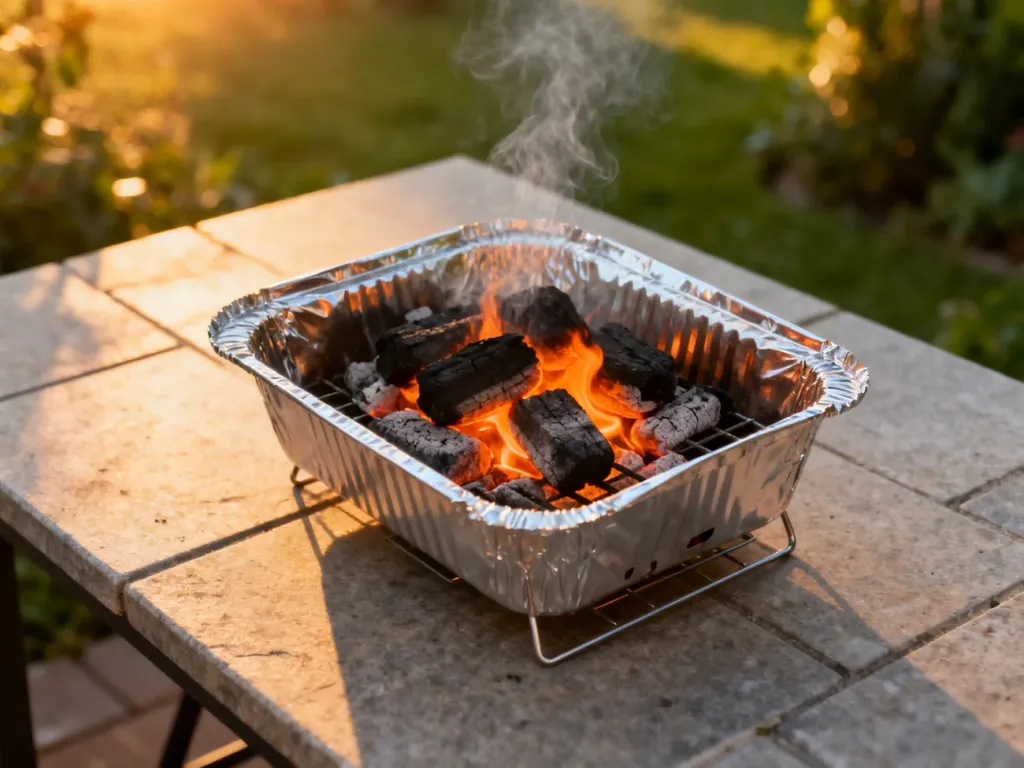 Rozżarzony grill jednorazowy na kamiennym stole w ogrodzie podczas zachodu słońca.