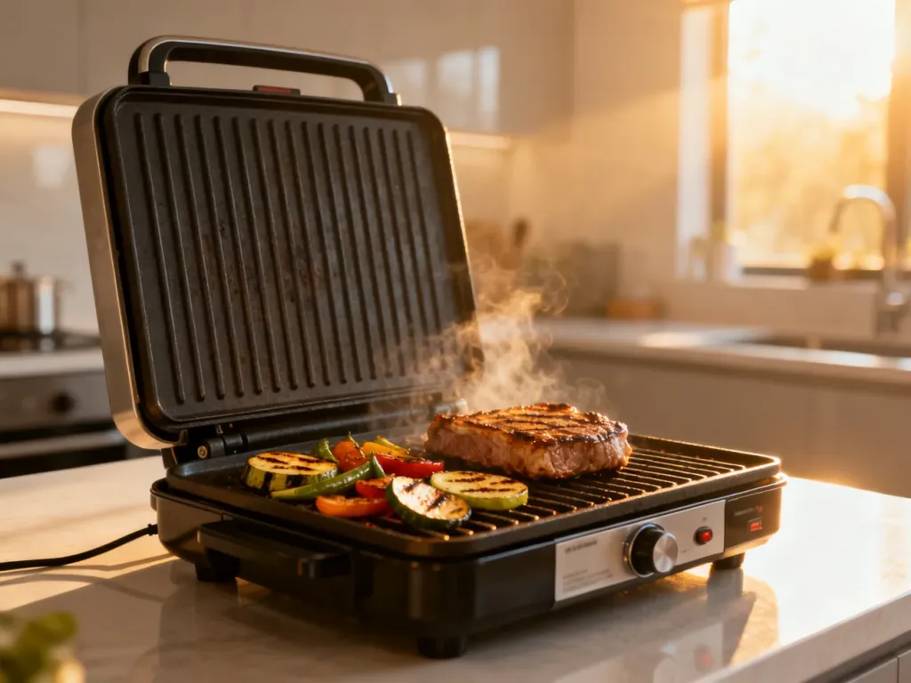 Nowoczesny grill elektryczny z pieczonym mięsem i warzywami na kuchennym blacie w słonecznej kuchni.