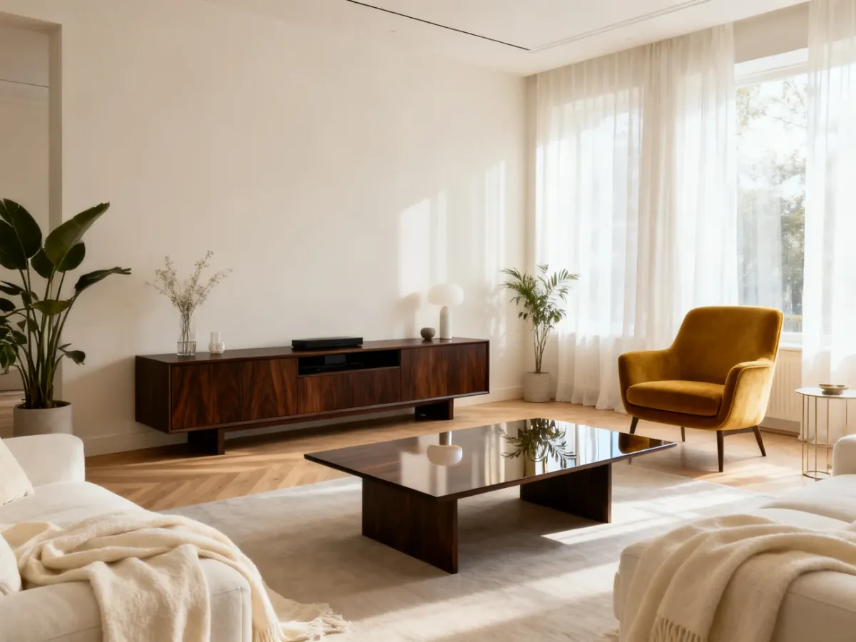 Jasny salon z ciemnobrązowymi meblami wenge i lekkimi, kolorowymi dodatkami