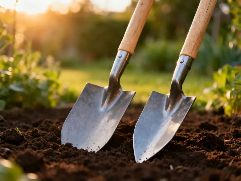 Dwie profesjonalne szpadle – prosty i ostry – wbite w żyzną ziemię ogrodową w słoneczny poranek.