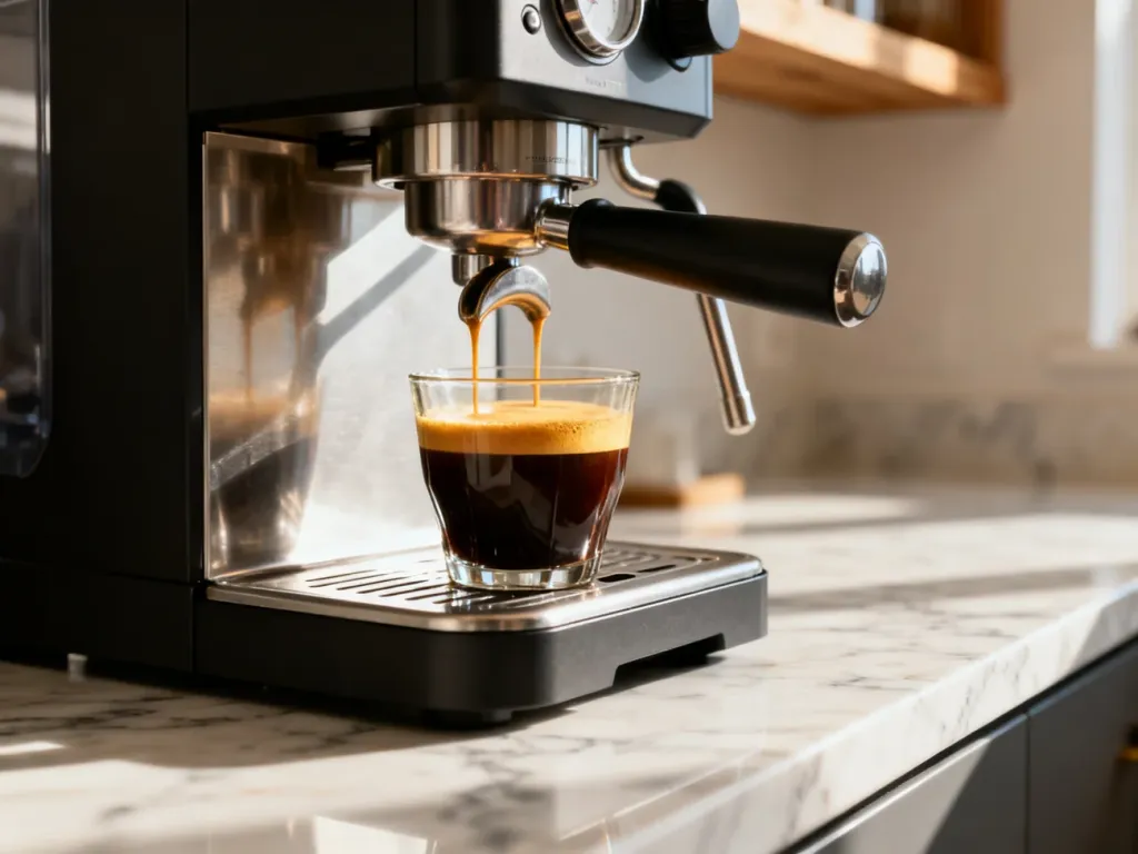 Nowoczesny ekspres do kawy przygotowujący espresso z gęstą cremą na marmurowym blacie w słonecznej kuchni.