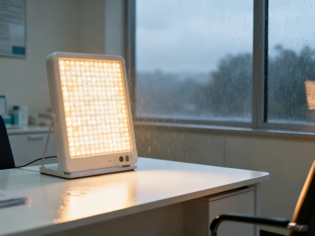 Lampa do fototerapii na biurku w gabinecie lekarskim, emitująca ciepłe światło w pochmurny, deszczowy dzień.