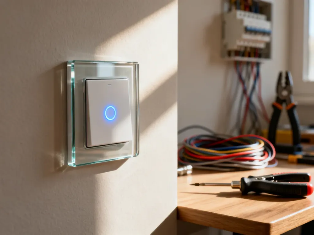 Nowoczesny szklany włącznik dotykowy z podświetleniem LED zamontowany na ścianie, obok narzędzia do montażu elektrycznego.