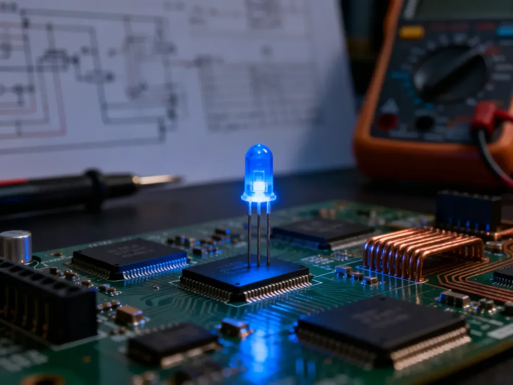 Zbliżenie na świecącą niebieską diodę LED na płytce drukowanej, otoczoną podzespołami elektronicznymi i narzędziami pomiarowymi.