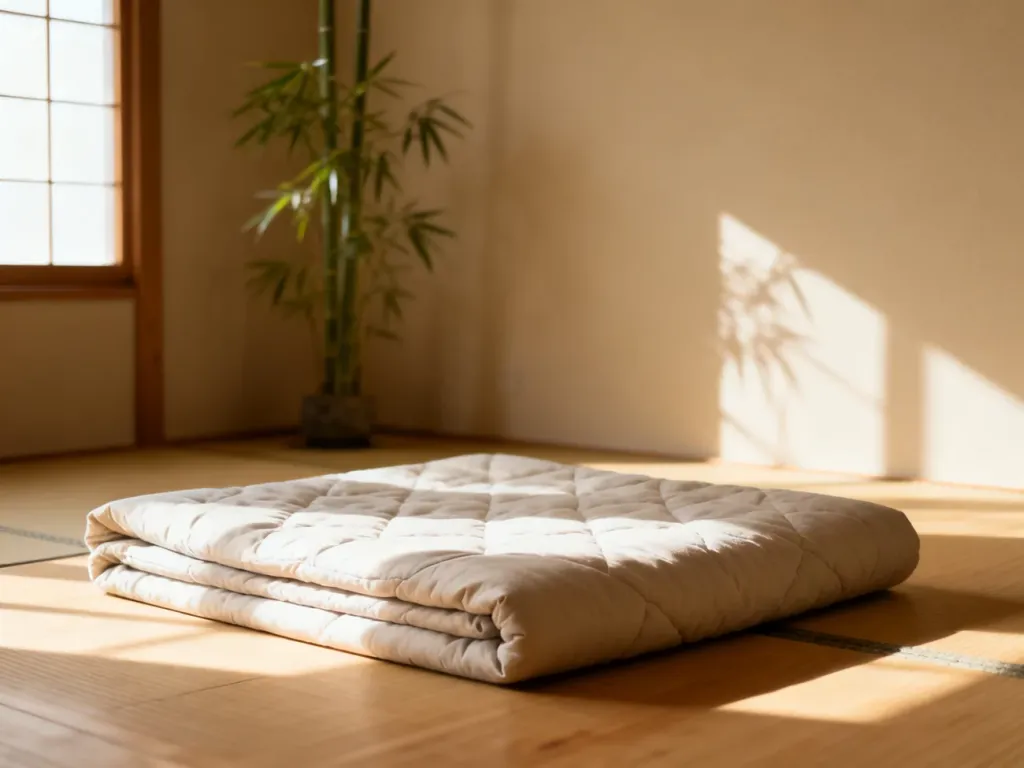 Złożony japoński materac futon na drewnianej podłodze w minimalistycznej, jasnej sypialni w stylu zen.