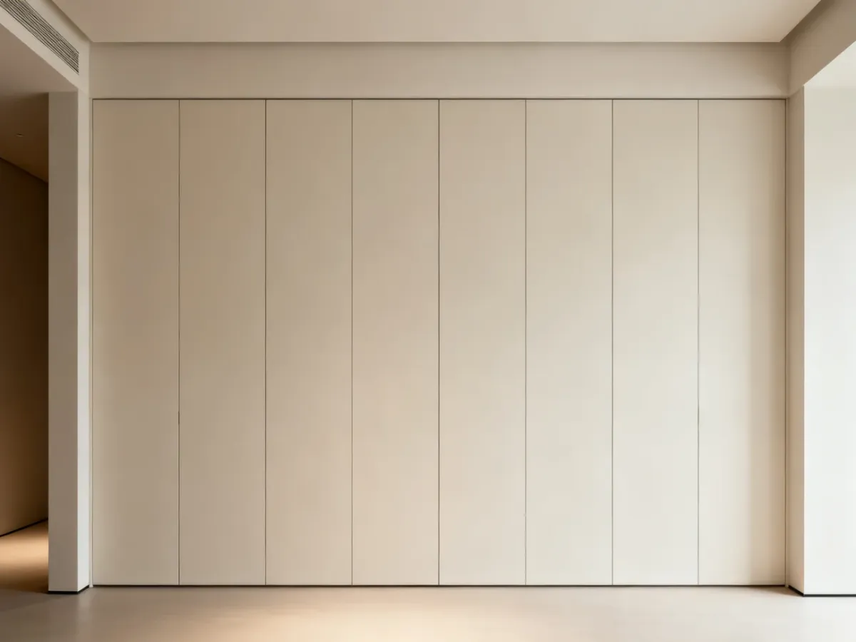 Minimalistyczna szafa zabudowana od podłogi do sufitu, zintegrowana ze ścianą
