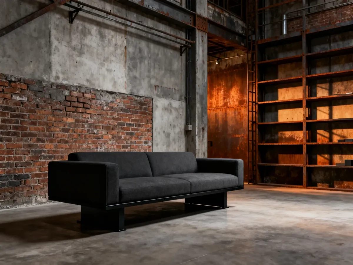 Industrialny salon loftowy z ciemną sofą, cegłą i metalowymi detalami