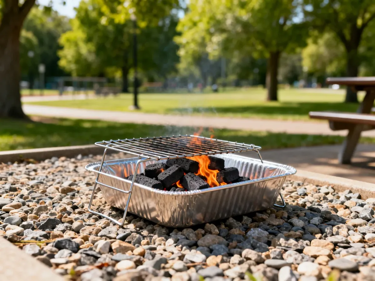 Jednorazowy grill ustawiony na żwirze w wyznaczonym miejscu piknikowym