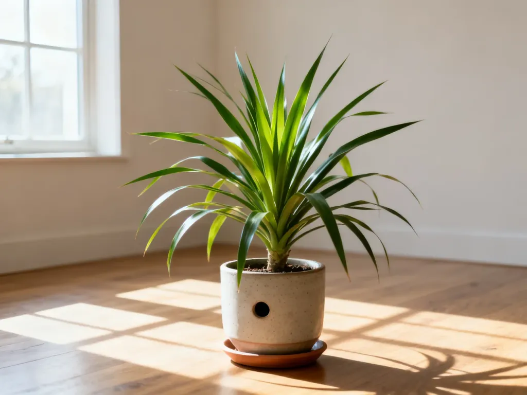 Zdrowa dracena w nowoczesnej ceramicznej doniczce z podstawką, ustawiona w jasnym, minimalistycznym wnętrzu.