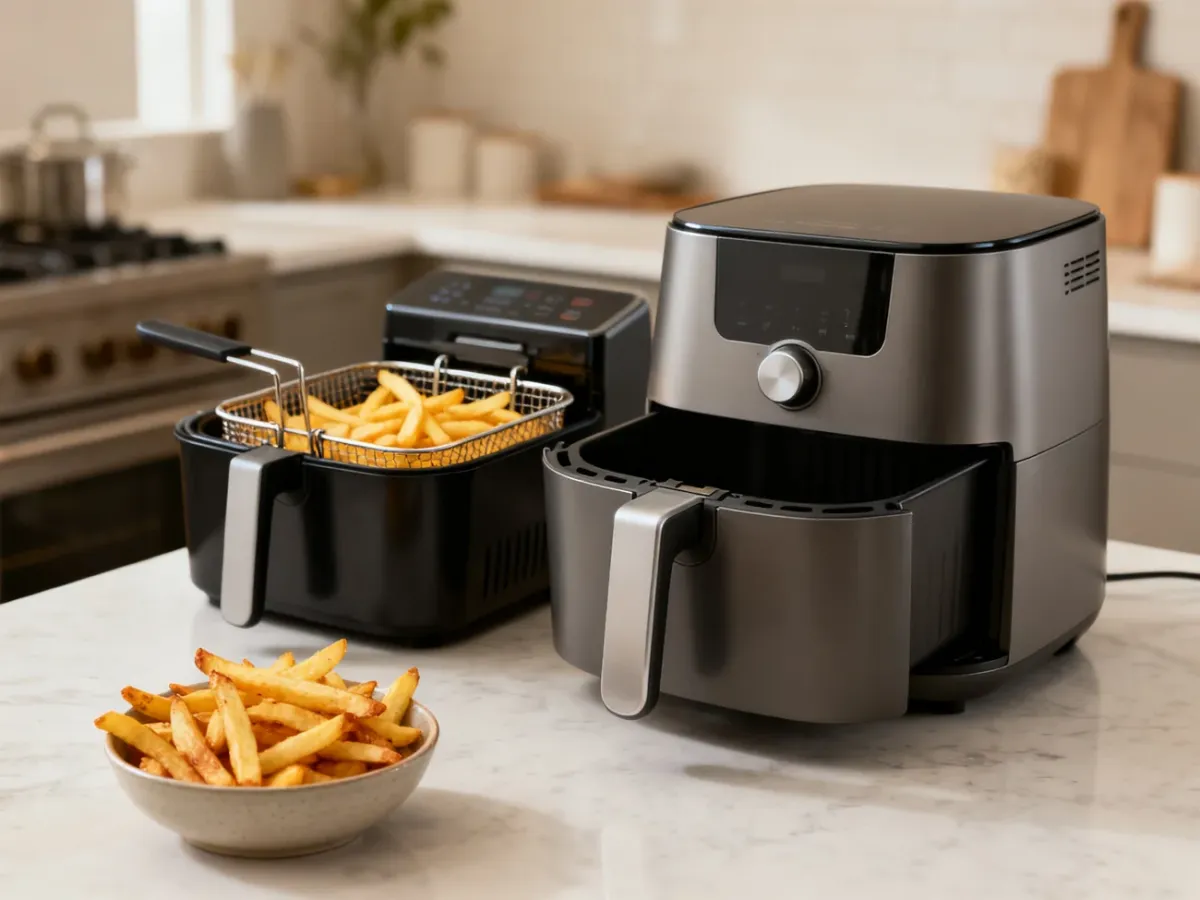 Tradycyjna frytkownica olejowa i air fryer z porcją chrupiących frytek