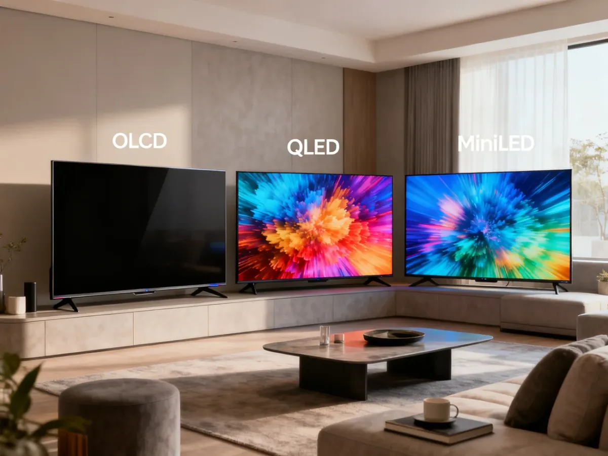 Trzy nowoczesne telewizory prezentujące różnice między OLED, QLED i MiniLED