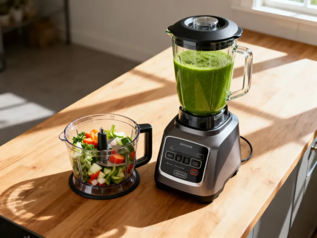 Nowoczesny blender z zielonym koktajlem oraz wielofunkcyjny robot kuchenny z posiekanymi warzywami na drewnianym blacie.