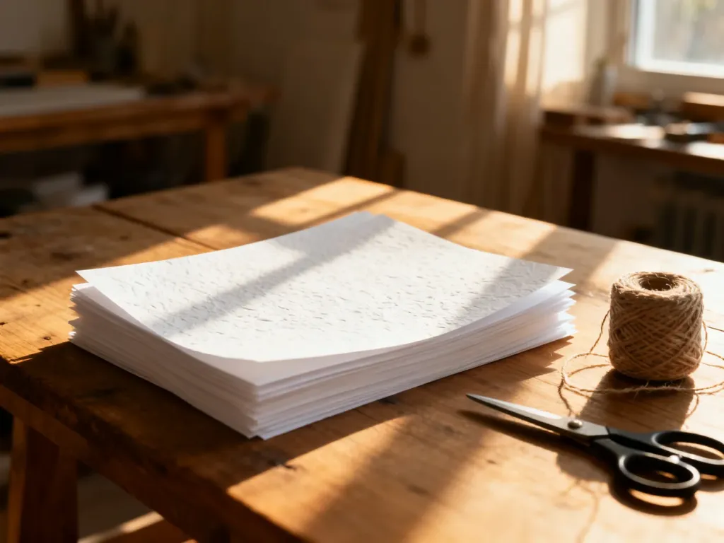 Materiały do wykonania papierowej lampy: arkusze papieru, nożyczki i sznurek przygotowane na drewnianym stole.